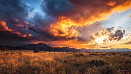 Dramatic Sunset over Mountain Range with Dark Clouds and Golden Grassy Field at Dusk Hour
