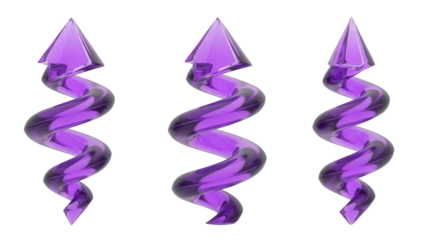 Spiral, twisting transformation arrows with a dynamic, helical motion and a smooth, transparent purple surface, a 3D glassmorphism arrow icon set isolated on white