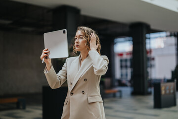 A stylish woman in a beige blazer stands in an urban outdoor setting, holding a tablet and...