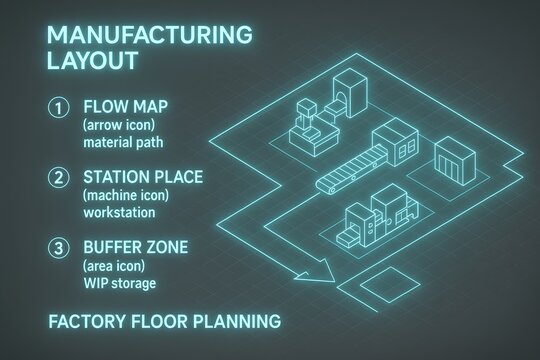 Factory Floor Planning and Manufacturing Layout with Flow Map for Industrial Design