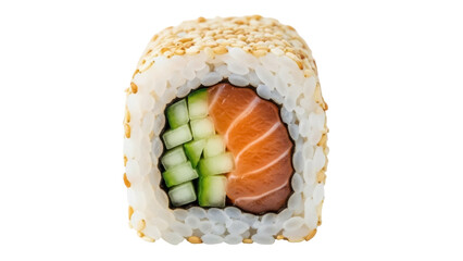Isolated sushi roll with salmon and cucumber filling, rice coated in sesame seeds dish © Eva