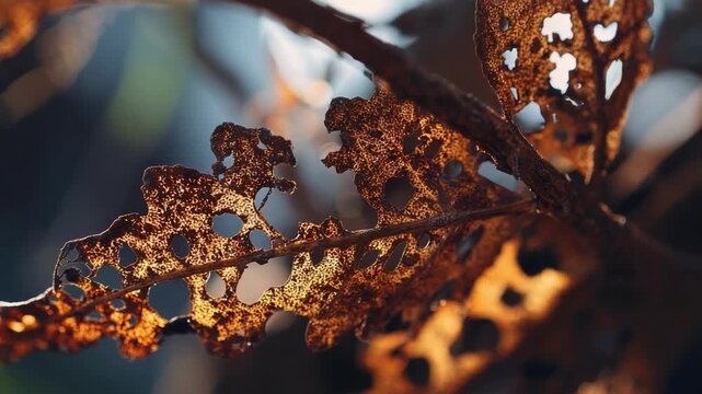 a close-up of a dried, burnt leaf with lace-like holes