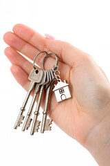 Small House Keys in Hand Isolated on White Background