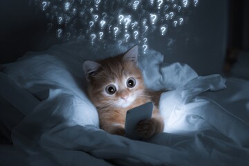 Anthropomorphic kitten clutches smartphone in spooky night. Kawa