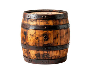 Obraz premium Rustic, weathered wooden barrel with dark metal bands and hole