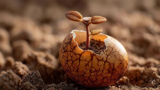 a tiny seedling sprouting from a cracked eggshell resting in dry soil