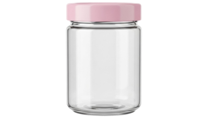 Isolated glass jar with pastel pink lid for cosmetic cream or food product, empty