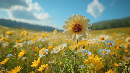 A vibrant meadow of wildflowers under a bright sky