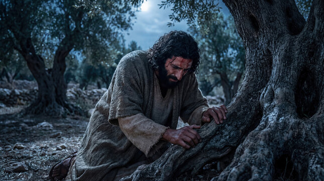 Biblical scene of Jesus Christ praying in agony in the Garden of Gethsemane at night. The Messiah kneels by an ancient olive tree with sweat and blood on his brow before the crucifixion.