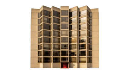 Isolated residential tower with modern architecture, tan concrete with lots of windows