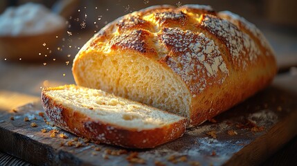 Freshly baked artisan loaf sliced on rustic wooden board.  Golden crust, light crumb