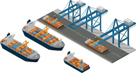 Isometric port logistics illustration with cargo ships and container cranes, maritime shipping transportation and global supply chain concept © Md