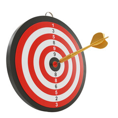 Golden dart perfectly strikes the bullseye on a red and white target board transparent background