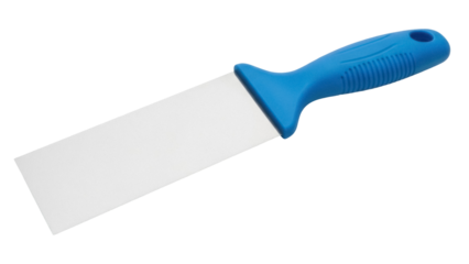 Isolated blue-handled wallpaper scraper tool for household renovations and DIY projects