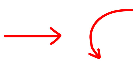Hand drawn red arrow set on transparent background, Straight and curved direction arrows