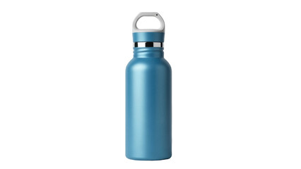 Isolated blue stainless steel water bottle with gray handle for hydration and fitness