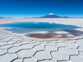 Salty Lake and Hexagonal Patterns on Uyuni Salt Flats, Bolivia