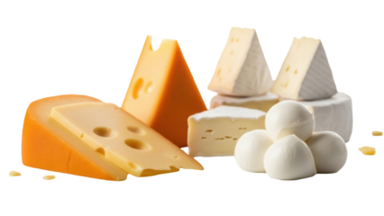 Isolated Cheese Collection Assortment with Brie, Gouda, Cheddar, and Mozzarella; dairy product