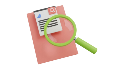 Isolated document and magnifying glass for data research or analysis, auditing task