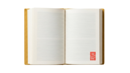 Isolated book on yellow cover opened on blank pages with lines, red logo design on the right