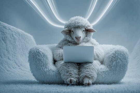 Cute sheep delighted by technology in bright morning room. Morning sheep. Why crypto trading may not be the escape you expect. Avoid crypto loss. Crypto danger alert.