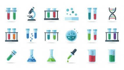 Collection of laboratory equipment and science experiment tools in bright colors