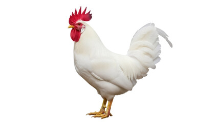 Isolated rooster in a profile view with its red comb and yellow legs looking toward the camera