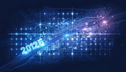 Digital Blueprint of Future Cityscape with Year 2026 Overlay