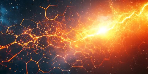 Abstract glowing orange energy with hexagonal grid pattern and crackling light effect design