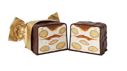 Isolated chocolate covered nougat candy with almonds and caramel, sliced in half