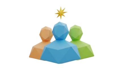 Isolated three polygonal figures with star above heads, team leadership concept