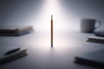A single pencil stands upright on a desk, illuminated by a spotlight, surrounded by blurred office items, symbolizing focus and creativity.