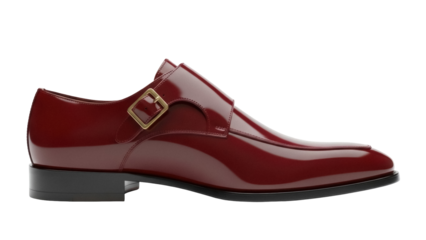 Isolated formal men's luxury cherry red dress shoe with buckle closure on display side view