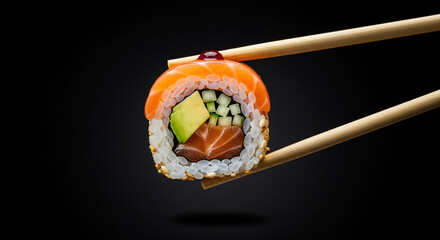 Delicious salmon sushi roll with avocado and chopsticks