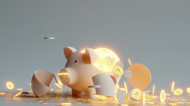 piggy bank in pastel tones splitting open with tiny glowing bitcoins, surreal finance stock