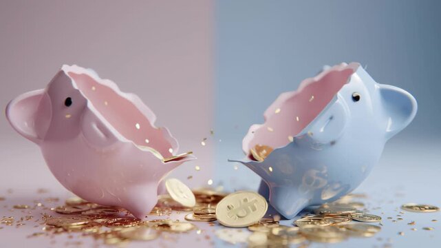 piggy bank in pastel tones splitting open with tiny glowing bitcoins, surreal finance stock