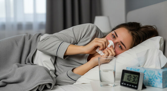 Sick woman blowing nose in bed with tissues and water nearby