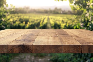 Naklejka premium Rustic Wooden Tabletop with Lush Green Vineyard Landscape Background for Product Display or Outdoor Setting