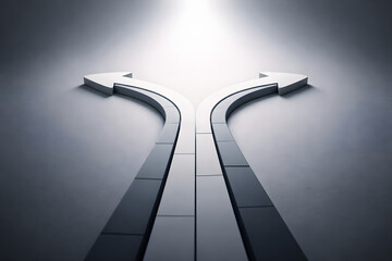 Two metallic arrows diverging upwards, symbolizing critical choices, strategic decisions, and future pathways.