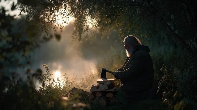 A person in a hooded jacket raises an axe to split firewood beside a misty lake, with sunlight filtering through the trees.