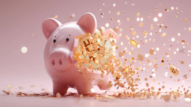 piggy bank in pastel tones splitting open with tiny glowing bitcoins, surreal finance stock