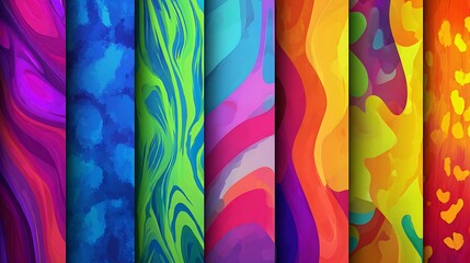 Colorful abstract patterns on multiple vertical panels swirls