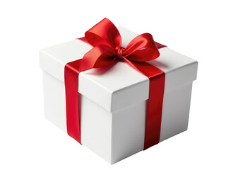 Obraz premium A beautifully wrapped gift in a white box tied with a bright red ribbon, perfect for special occasions.transparent background