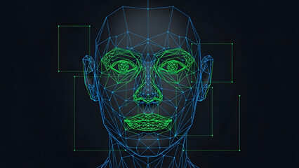 An abstract digital illustration depicting a human face represented by a polygonal mesh in blue and green colors. The image conveys the concept of futuristic scanning technology, artificial intelligen