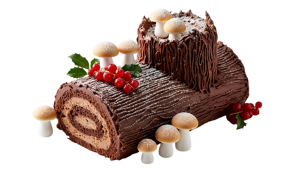 Delicious chocolate yule log cake with mushrooms and berries