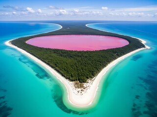 Fototapeta premium Aerial View of Pink Lake Island Surrounded by Turquoise Ocean