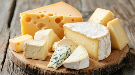 A rustic wooden board displays a variety of cheeses, including a large wedge of yellow cheese, a smaller wedge of white cheese, and a wedge of blue cheese.
