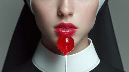 Woman in Nun Costume Holding Red Lollipop