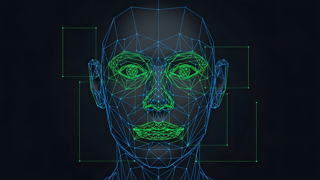 An abstract digital illustration depicting a human face represented by a polygonal mesh in blue and green colors. The image conveys the concept of futuristic scanning technology, artificial intelligen - Powered by Adobe