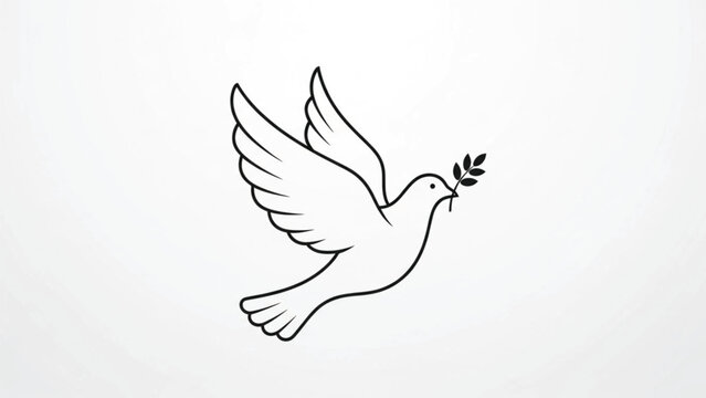 A minimalist black line art illustration of a flying dove carrying an olive branch. This simple vector-style sketch represents peace, hope, freedom, and purity. Isolated on a clean white background.